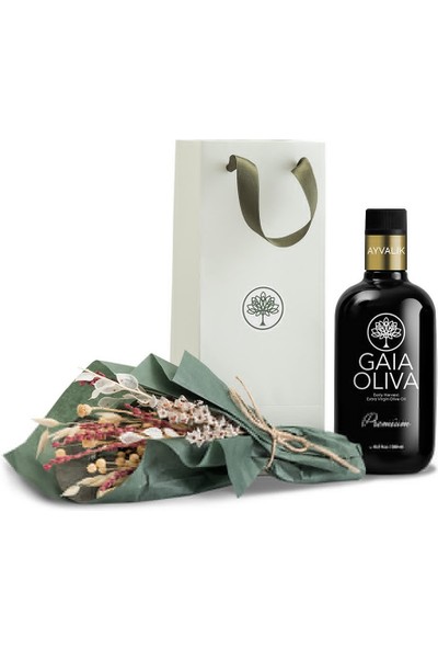 Gaia Oliva Premium Ayvalık Erken Hasat Natürel Sızma Zeytinyağı ve El Yapımı Çiçekli Seti (Yeni Hasat)