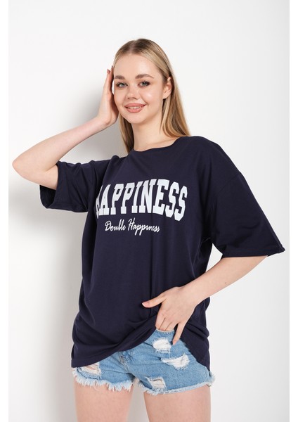 Kadın Happıness Baskılı Oversize Tshirt