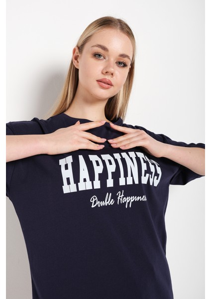 Kadın Happıness Baskılı Oversize Tshirt