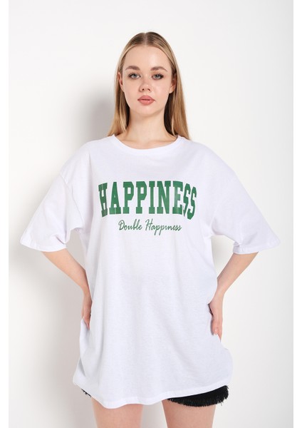 Kadın Happıness Baskılı Oversize Tshirt