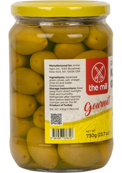 The Mill Gurme Yeşil  Kalamata Zeytin 730 g Cam Kavanoz - Çekirdekli - Salamura - Kalamata Tipi İşleme Yöntemi - Oleik Asitce Zengin - Parlak ve Kırmızımsı Yeşil  Renk - Pastörize