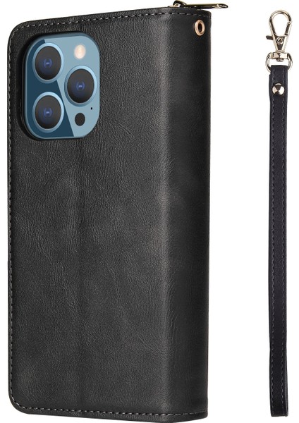 Apple Iphone 13 Pro 6.1 Inç Için Bırakılan Telefon Kılıfı, Flip Stant Standı Pu Deri Manyetik Fermuar Cep Akıllı Telefon Kapağı 9 Kart Yuvası Kayışlı (Yurt Dışından)