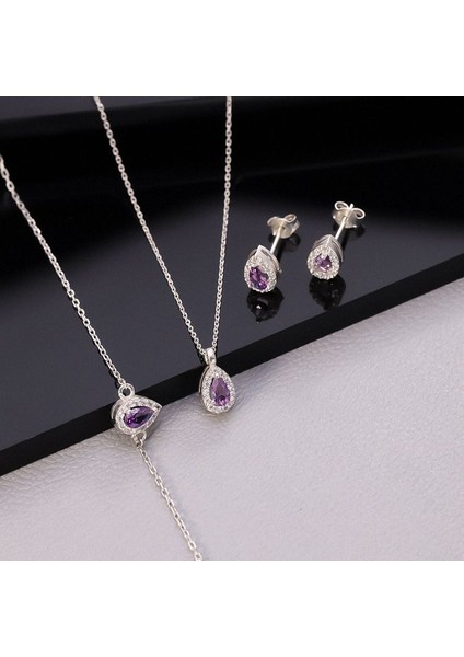 925 Ayar Gümüş Ametist Taşlı Damla Set