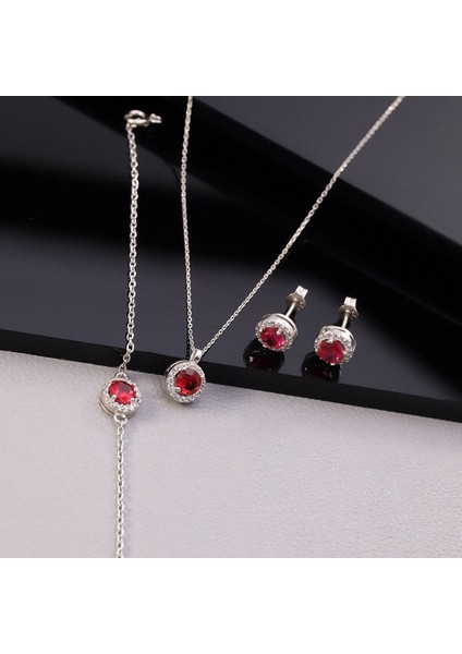 925 Ayar Gümüş Kırmızı Taşlı Yuvarlak Set fırsatları