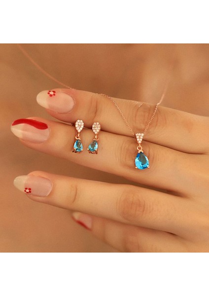 925 Ayar Gümüş Aquamarine Taşlı Damla Set