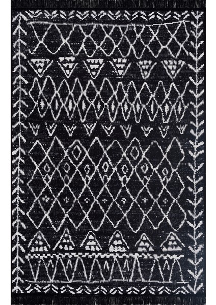 160X230 Siyah Beyaz Ponponlu Mistik Desenli Dokuma Kilim