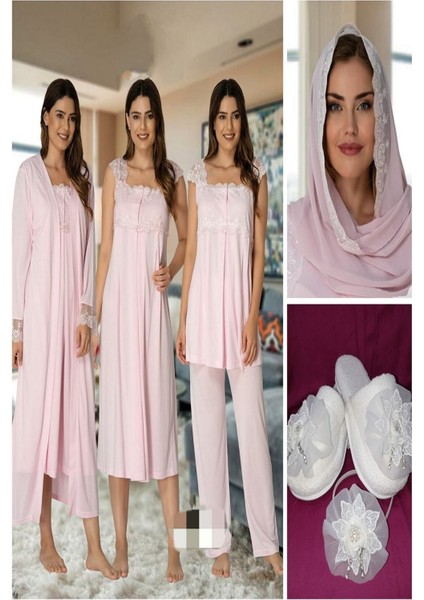 Effort Kadın Pembe Lohusa Hamile Gecelik Pijama Takımı Sabahlık Taç Terlik Şal 7'li Set 2305