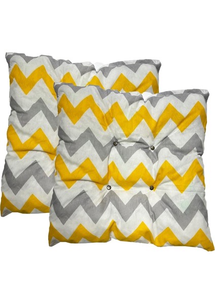 Dekoratif Pofidik Puf Sandalye Minderi Kare 35X35X7 Cm-Sarı Gri Zikzak(2 Adet)