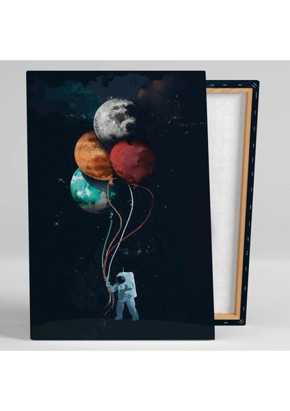 Elindeki Iple Gezegenleri Tutan Astronot Balon Gezegenler Kanvas Tablo