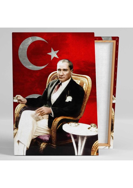 Mustafa Kemal Atatürk Oturmuş Kahve Içerken Türk Bayrağı Kanvas Tablo