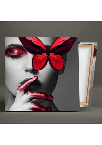 Kırmızı Makyajlı Kadın ve Sarı Kelebek Make Up Dekoratif Kanvas Tablo