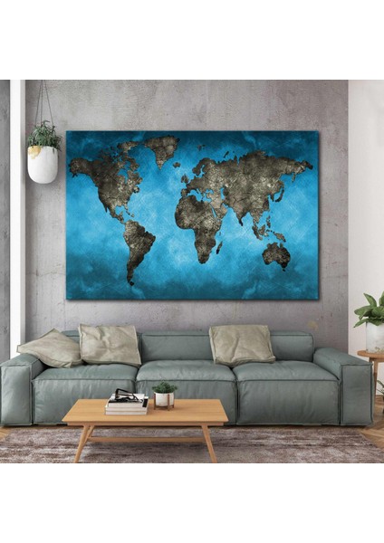 Mavi Gri Dünya Haritası World Map Kanvas Tablo