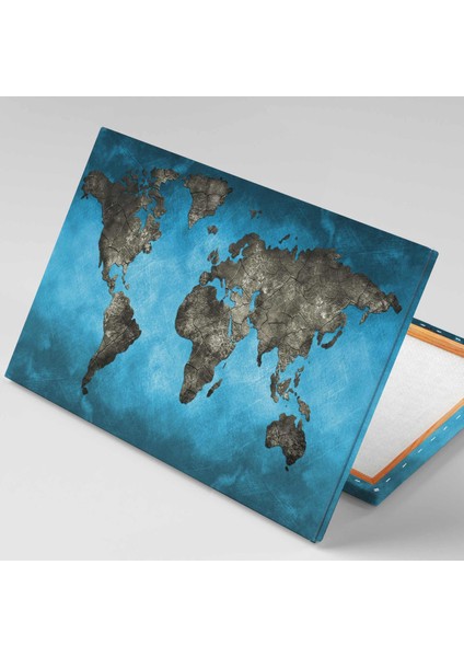 Mavi Gri Dünya Haritası World Map Kanvas Tablo
