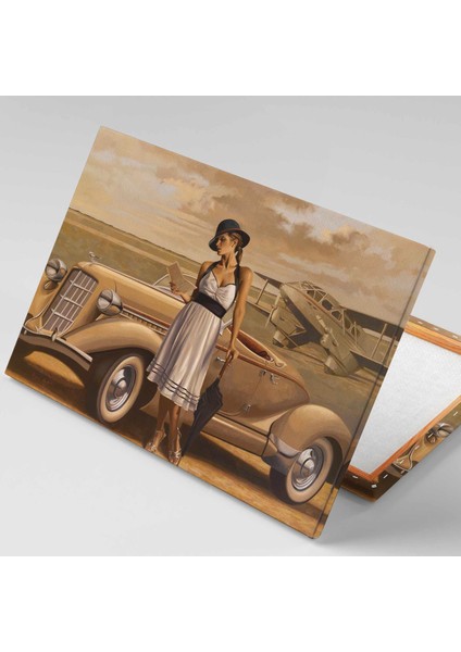 Siyah Şemsiyeli Mektup Okuyan Kadın Nostalji Antika Araba Kanvas Tablo fiyatları