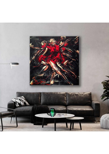 Dans Eden Kırmızı Elbiseli Kadın Sürreal Sanat Fırça Izleri Kanvas Tablo