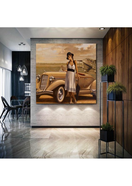 Siyah Şemsiyeli Mektup Okuyan Kadın Nostalji Antika Araba Kanvas Tablo
