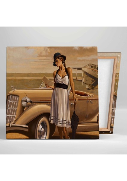 Siyah Şemsiyeli Mektup Okuyan Kadın Nostalji Antika Araba Kanvas Tablo fiyatları