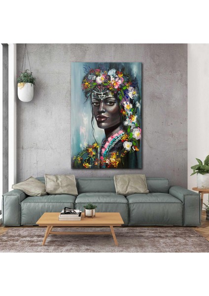 Çiçek Taçlı Etnik Kıyafetli Afrikalı Zenci Kadın Woman Kanvas Tablo