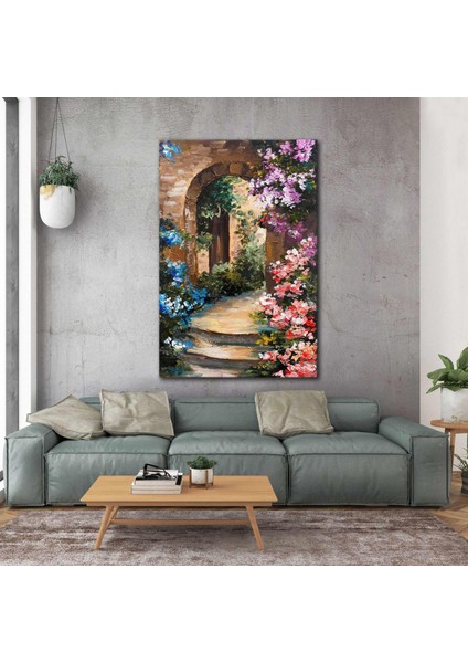 Renkli Çiçekler Içindeki Taş Ev Manzara Köy Evi Yağlı Boya Efektli Kanvas Tablo