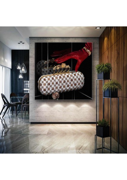 Gold ve Kırmızı Detaylı Abiye Çanta Kırmızı Deri Eldiven Altın Aksesuar Kanvas Tablo