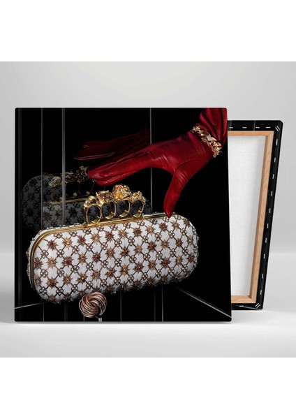 Gold ve Kırmızı Detaylı Abiye Çanta Kırmızı Deri Eldiven Altın Aksesuar Kanvas Tablo fiyatları
