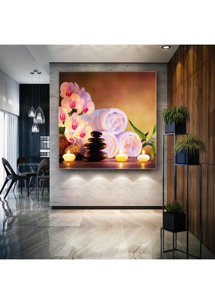 Zen Taşları Bambu Yapraklar Orkide Mum Spa Masaj Merkezi Kanvas Tablo