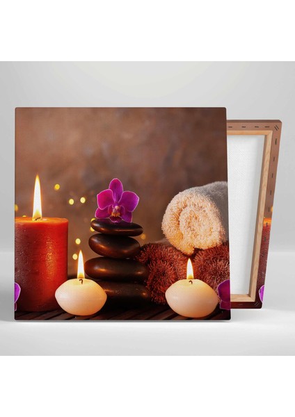 Spa Zen Taşları Pembe Orkide Mumlar Havlu Masaj Salonu Kanvas Tablo