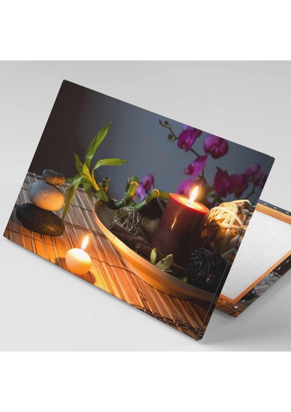 Zen Taşları Bambu Yaprakları Pembe Orkide Mum Spa Masaj Merkezi Kanvas Tablo