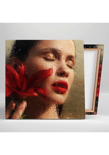 Su Damlacıklarının Ardında Kırmızı Çiçekli Kadın ve Ruju Make Up Kanvas Tablo