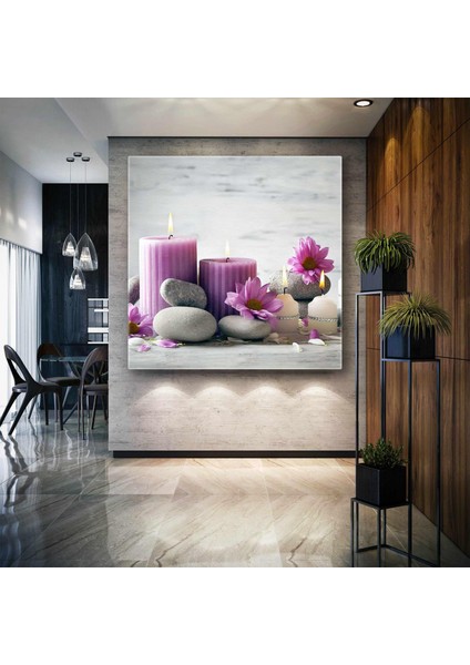 Mumlar Zen Taşları Mor Çiçekler Spa Masaj Salonu Kanvas Tablo