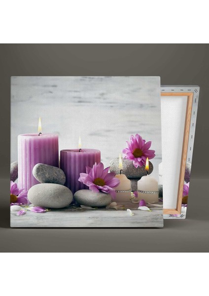 Mumlar Zen Taşları Mor Çiçekler Spa Masaj Salonu Kanvas Tablo