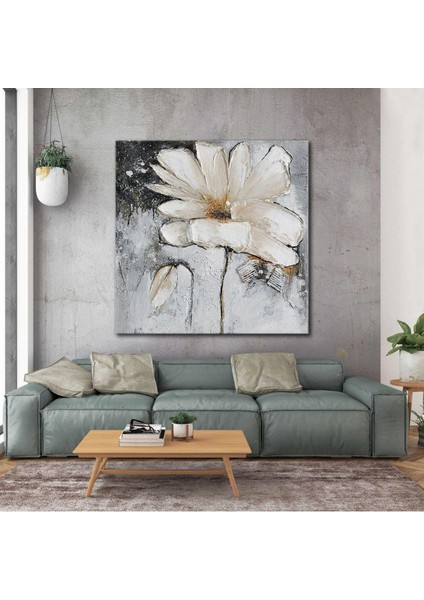 Beyaz Gold Yağlı Boya Efektli Modern Çiçek Kanvas Tablo