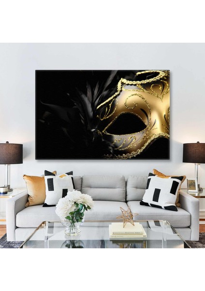 Siyah Tüy Detaylı Gold Simli Maske Gizemli Dekor Lüks Kanvas Tablo