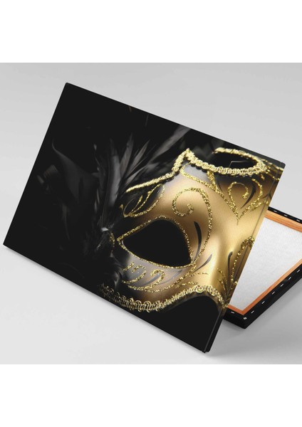 Siyah Tüy Detaylı Gold Simli Maske Gizemli Dekor Lüks Kanvas Tablo