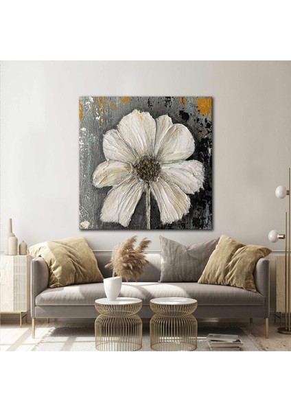 Beyaz Çiçek Altın Varaklı Yağlı Boya Efektli Kanvas Tablo