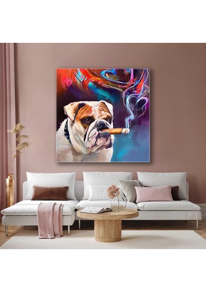 Duman Kalp Renkli Kalpler ve Sinirli Bulldog Sevimli Köpek Kanvas Tablo
