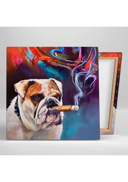 Duman Kalp Renkli Kalpler ve Sinirli Bulldog Sevimli Köpek Kanvas Tablo