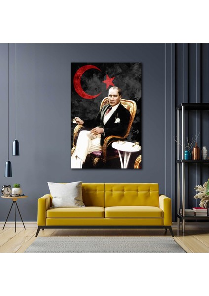 Mustafa Kemal Atatürk Kahve Içerken Kırmızı Ay Yıldız Türk Bayrağı Kanvas Tablo