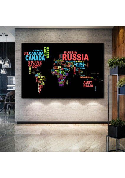 Renkli Yazılarla Dünya Haritası World Map Kanvas Tablo