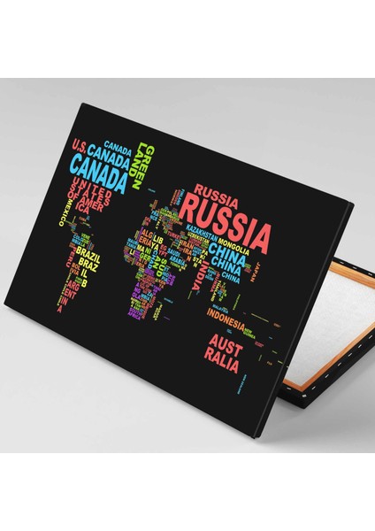Renkli Yazılarla Dünya Haritası World Map Kanvas Tablo
