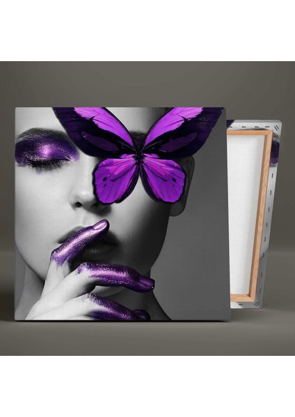 Mor Makyajlı Kadın ve Kelebek Make Up Dekoratif Kanvas Tablo