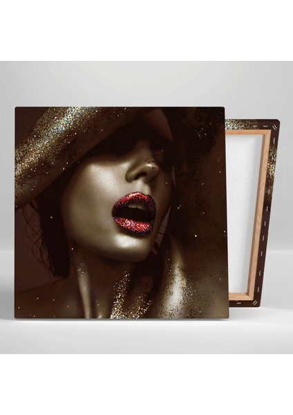 Altın Simli Kırmızı Pırıltılı Rujlu Model Make Up Dekoratif Kanvas Tablo