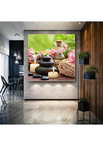 Zen Taşları Pembe Çiçek Mumlar Aromatik Yağ Havlu Spa ve Masaj Merkezi Kanvas Tablo