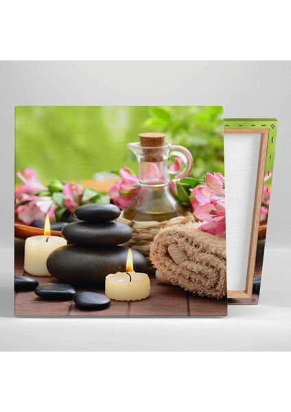 Zen Taşları Pembe Çiçek Mumlar Aromatik Yağ Havlu Spa ve Masaj Merkezi Kanvas Tablo