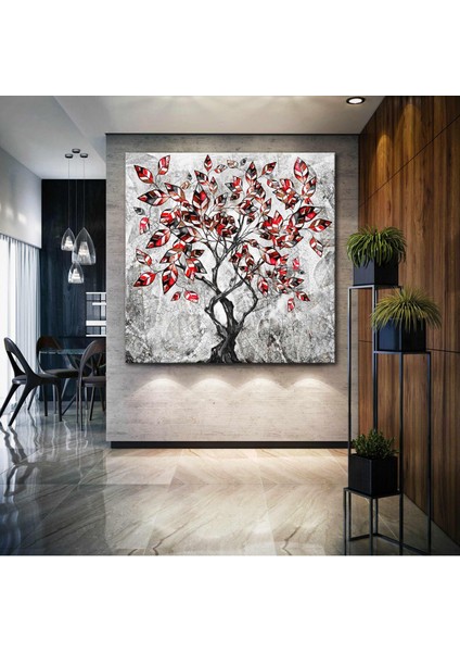 Kırmızı Yapraklı Siyah Ağaç Kanvas Tablo