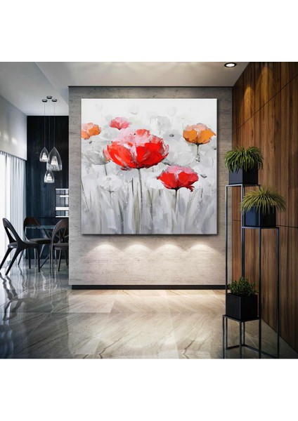 Kırmızı Gelincik Çiçeği Yağlı Boya Efektli Kanvas Tablo