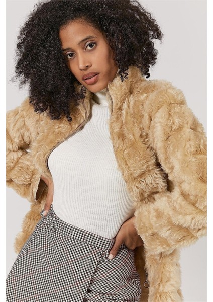 8414152 Kürk Enine Çizgi Desenli Önü Fermuarlı Kaban Camel fiyatları