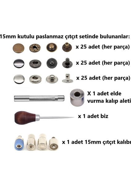 75 Adet 15MM Kutulu Paslanmaz Çıtçıt Yapım Seti - Aparatlar, Biz ve 75 Takım Paslanmaz Çıtçıt