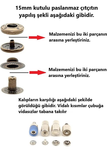 75 Adet 15MM Kutulu Paslanmaz Çıtçıt Yapım Seti - Aparatlar, Biz ve 75 Takım Paslanmaz Çıtçıt