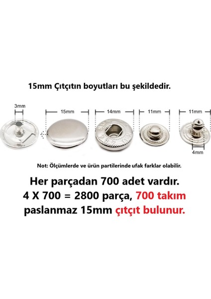 700 Adet 15MM Paslanmaz Büyük Çıtçıt (Kalıpsızdır) [nikel/gümüş Renk]